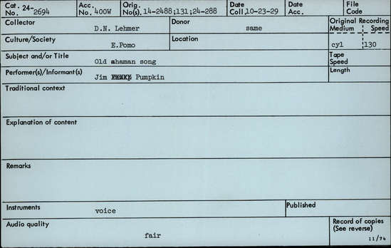 Documentation associated with Hearst Museum object titled Audio recording, accession number 24-2694, described as Old Shaman Song