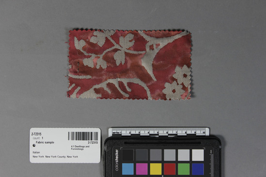 Hearst Museum object titled Fabric sample, accession number 2-72315, described as 100% long staple cotton sample, no. 5054, de Medici design, red and silver color, Fortuny Inc.