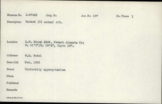 Documentation associated with Hearst Museum object titled Worked bone, accession number 1-37483, described as Worked ? animal rib.