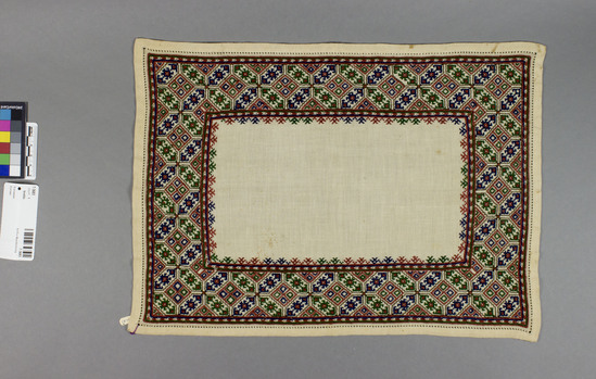 Hearst Museum object titled Textile, accession number 7-3683, described as Mat; cotton? plain weave, embroidered; hemstitched; cream ground; geometric designs, 11.5" x 15.825