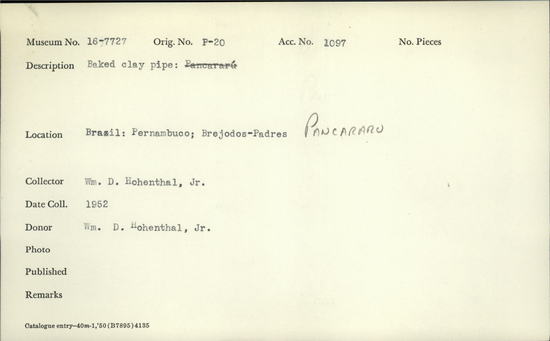 Documentation associated with Hearst Museum object titled Pipe, accession number 16-7727, described as Baked clay pipe