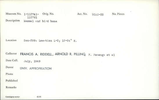 Documentation associated with Hearst Museum object titled Faunal remains, accession number 1-112744, described as Mammal and bird.