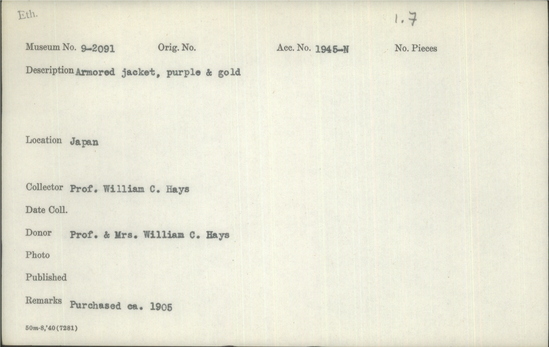 Documentation associated with Hearst Museum object titled Robe, accession number 9-2091, described as Armored jacket, purple and gold.