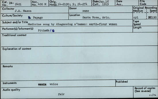 Documentation associated with Hearst Museum object titled Audio recording, accession number 24-2401, described as Medicine song by diagnosing shaman: earth-flour women