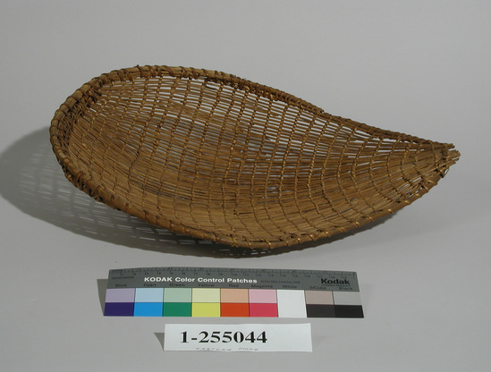 Hearst Museum object titled Seed beater, accession number 1-255044, described as Basketry.  Concave oval shape, open twined, reinforced rim.  Made of willow.