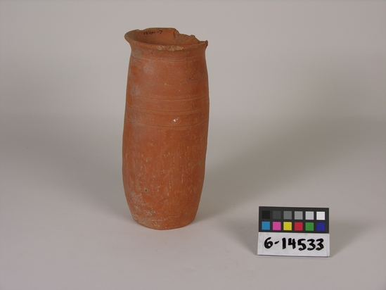 Hearst Museum object titled Pot stand, accession number 6-14533, described as Pottery ring stand, incised lines, d 10 cm, height 23 cm.