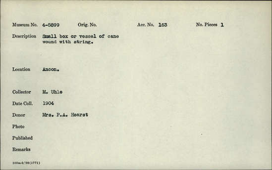 Documentation associated with Hearst Museum object titled Vessel w/ string, accession number 4-5899, no description available.