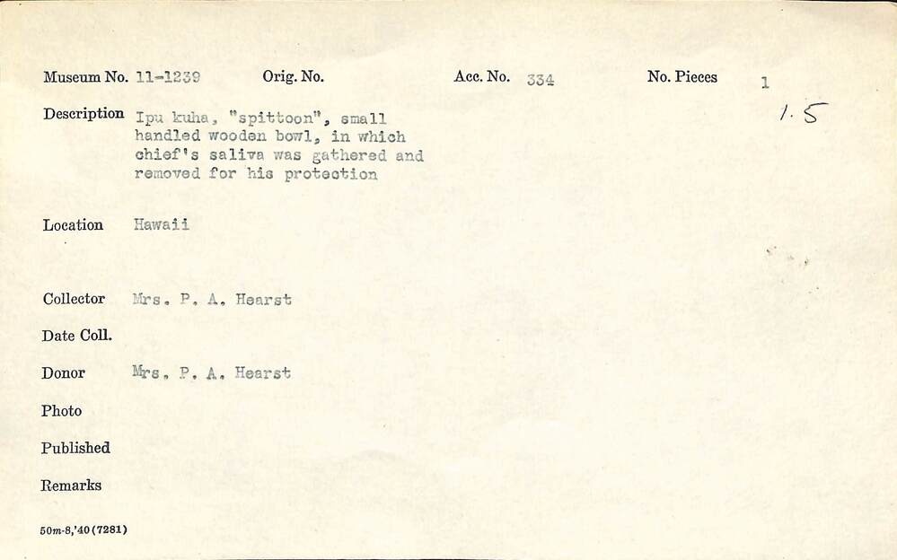 Hearst Museum object 2 of 2 titled Ipu kuha (spittoon), accession number 11-1239, described as Ipu kuha, "spittoon", small handled wooden bowl, in which chief's saliva was gathered and removed for his protection.