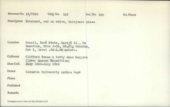 Documentation associated with Hearst Museum object titled Potsherds, accession number 16-7390, described as Posherd, red on white, Marajoara phase