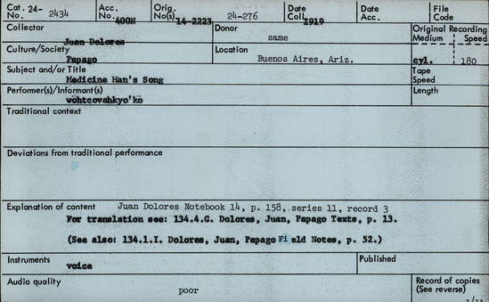 Documentation associated with Hearst Museum object titled Audio recording, accession number 24-2434, described as Medicine Man's Song Notebook 14, p. 158 Series 11, Record 3