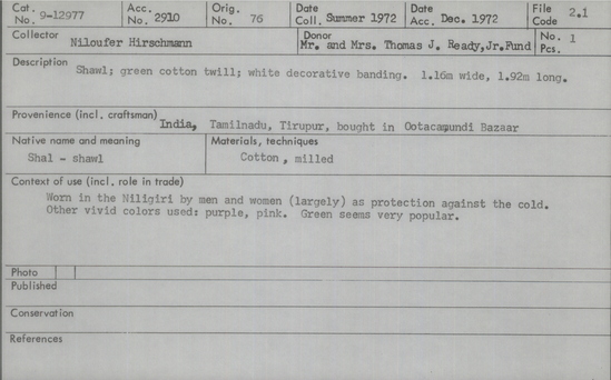 Documentation associated with Hearst Museum object titled Shawl, accession number 9-12977, described as Shawl; green cotton twill; white decorative banding; materials/techniques: cotton, milled.