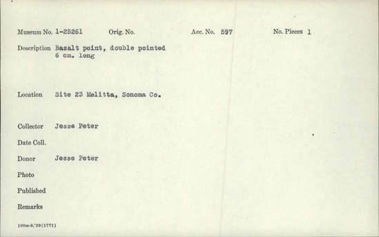 Documentation associated with Hearst Museum object titled Point, accession number 1-25261, described as Basalt, double pointed