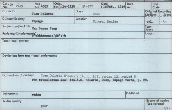 Documentation associated with Hearst Museum object titled Audio recording, accession number 24-2449, described as War Dance Song Notebook 14, p.165 Series 12, Record 8