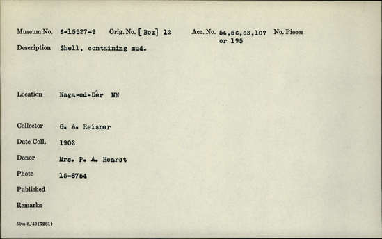 Documentation associated with Hearst Museum object titled Shell, accession number 6-15529, described as Bi-valve shell containing mud