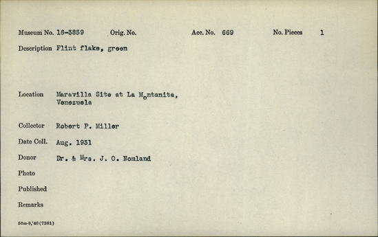 Documentation associated with Hearst Museum object titled Flake, accession number 16-3859, described as Flint flake, green