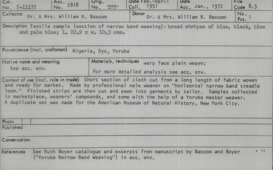 Documentation associated with Hearst Museum object titled Textile sample, accession number 5-11172, described as textile sample (section of narrow band weaving):  broad stripes of blue, black, blue and pale blue;  l. 22.9 x w. 10.3 cms.