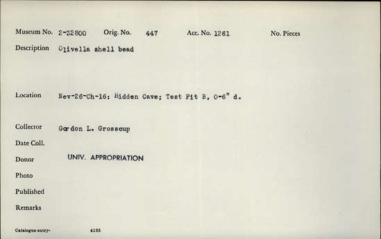 Documentation associated with Hearst Museum object titled Shell bead, accession number 2-32800, described as Olivella shell bead.