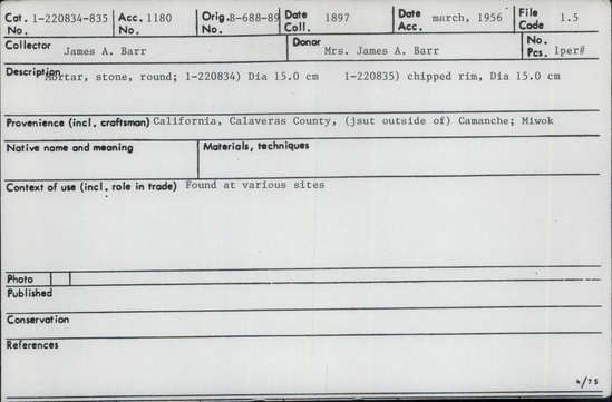 Documentation associated with Hearst Museum object titled Mortar, accession number 1-220835, described as Made from natural boulder of hard rock.