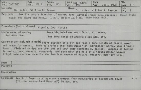 Documentation associated with Hearst Museum object titled Textile fragment, accession number 5-11083, described as Textile sample (section of narrow band weaving): Wide blue stripes: three light blue; two navy; one royal.