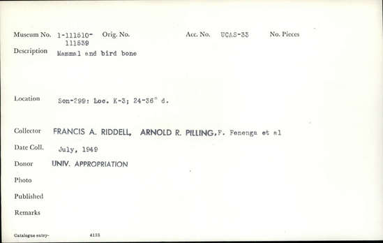 Documentation associated with Hearst Museum object titled Faunal remains, accession number 1-111623, described as Mammal and bird.