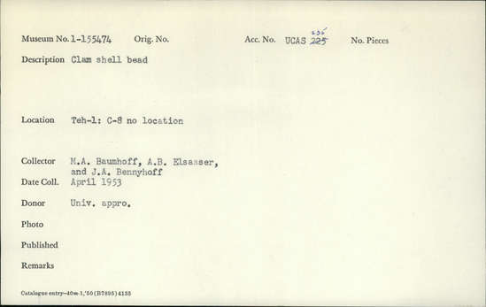 Documentation associated with Hearst Museum object titled Bead, accession number 1-155474, described as Clam shell.