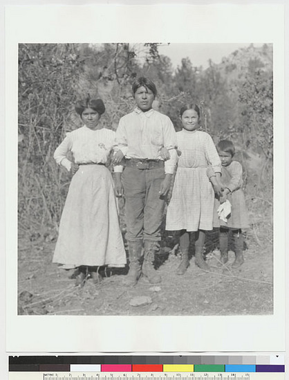 Hearst Museum object titled Black-and-white negative, accession number 15-5388, described as Four young people, of a group living on Grindstone Creek; relatives of Fred Gregory (Wintun)