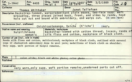 Documentation associated with Hearst Museum object titled Huipil neckpiece, accession number 3-29642, described as Huipil neckpiece: Backstrap-loomed, warp predominant plain weave. Two-faced suppl. weft brocading. Three pieces joined back, front, and sides by randa. Head hole cut out and bound with embroidery; warps cut.