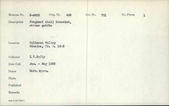 Documentation associated with Hearst Museum object titled Bracelet fragment, accession number 3-6455, described as Fragment, shell bracelet, chione gnidia.