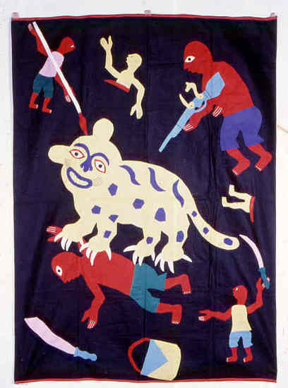 Hearst Museum object titled Textile, accession number 5-5311, described as Contemporary cotton textile. Tiger hunt. Appliqued humans and tigers on black ground. 117.0 cm x 159.0 cm