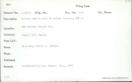 Documentation associated with Hearst Museum object titled Wallet, accession number 2-33998, described as Leather. With 28 silver buttons.