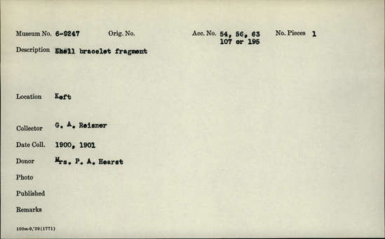 Documentation associated with Hearst Museum object titled Bracelet fragment, accession number 6-9247, described as Shell bracelet fragment