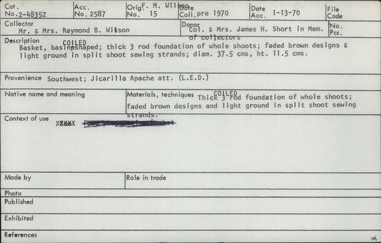 Documentation associated with Hearst Museum object titled Basket, accession number 2-48352, described as Coiled, basin shaped; thick 3 rod foundation of whole shoots; faded brown designs and light ground in split shoot sewing strands.
