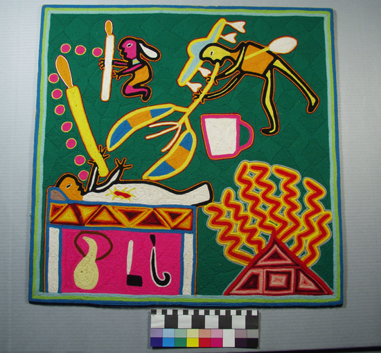 Hearst Museum object 1 of 2 titled Yarn painting, accession number 3-26948, described as large yarn painting; depicts singing shaman with sick Huichol and his wife; shaman holds healing instrument (muvieri) to diagnose illness; patient and wife holding lit candles; tools beneath patient; varicolored wool yarn in wax on plywood; made for sale but illustrates on facet of Huichol religion