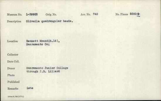 Documentation associated with Hearst Museum object titled Beads, accession number 1-39905, described as Olivella quadrangular beads