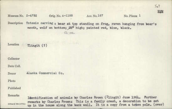 Documentation associated with Hearst Museum object titled Totemic carving, accession number 2-4792, described as Bear at top standing on frog, raven hanging from mouth of bear, wolf on bottom; painted red, blue, and black. Identification of animals by Charles Brown, June 1964.