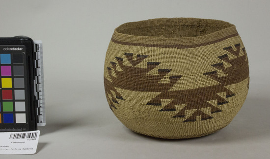 Hearst Museum object 2 of 2 titled Basket, accession number 1-27889, described as Globose, overlay twined, brown design.