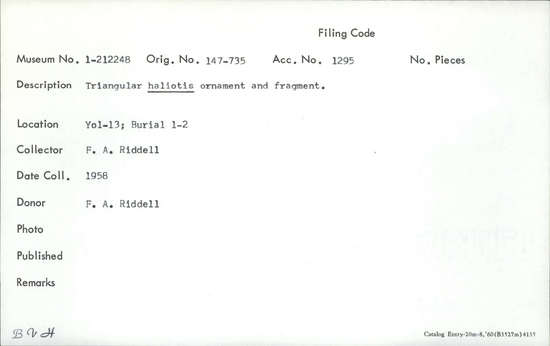 Documentation associated with Hearst Museum object titled Pendant fragment, accession number 1-212248, described as Triangular haliotis.