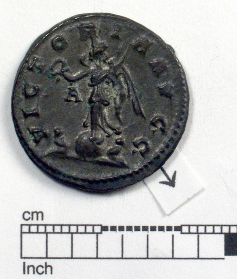 Hearst Museum object 2 of 10 titled Coin: billon antoninianus, accession number 8-4388, described as Coin; Billon; Antoninianus; Roman. 4.76 grams, 23 mm. Carus, 282-285 AD. Lyon, France. Obverse: IMP C M AVR CARVS AVG, bust r. radiate, cuirassed. Reverse: VICTORIA AVGG, Victory l. on globe between two captives; to l., A.