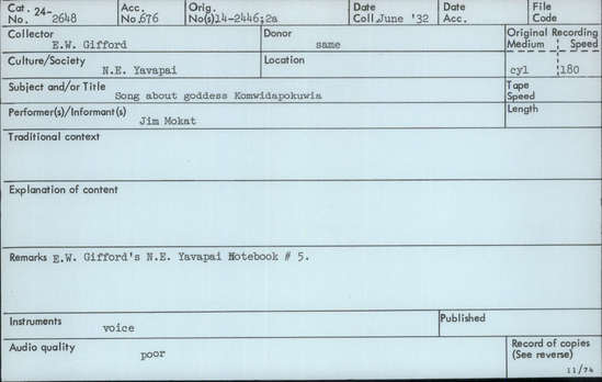 Documentation associated with Hearst Museum object titled Audio recording, accession number 24-2648, described as Song about goddess Komwidapokuwia