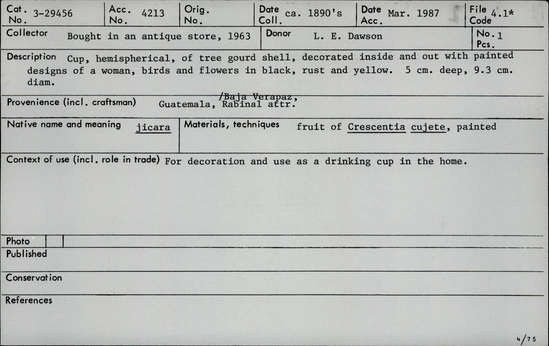 Documentation associated with Hearst Museum object titled Cup, accession number 3-29456, described as Cup, hemispherical, of tree gourd shell, decorated inside and out with painted designs of a woman, birds and flowers in black, rust and yellow. Diameter 9.3 cm, depth 5 cm