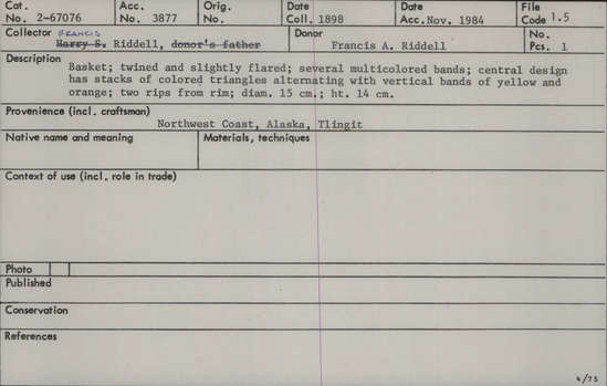 Documentation associated with Hearst Museum object titled Basket, accession number 2-67076, described as Twined and slightly flared, several multicolored bands, central design has stacks of colored triangles alternating with vertical bands of yellow and orange. Two rips from rim.