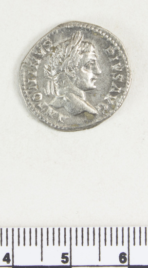 Hearst Museum object 3 of 8 titled Coin: denarius, accession number 8-5649, described as Coin. Roman denarius. (    gms.; 21 mm.) Caracalla. 206-210 AD. Rome. Obverse: ANTONINVS PIVS AVG   Head facing right, laureate. Reverse: LIBERALITAS AVG VI    Liberalitas standing facing left.
