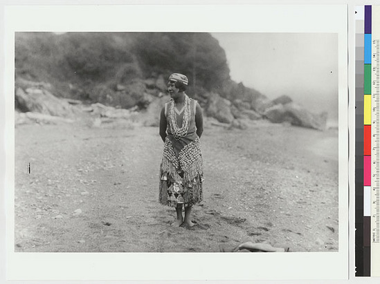 Hearst Museum object titled Black-and-white negative, accession number 15-11488, described as Mary Frank in "native" costume, on beach