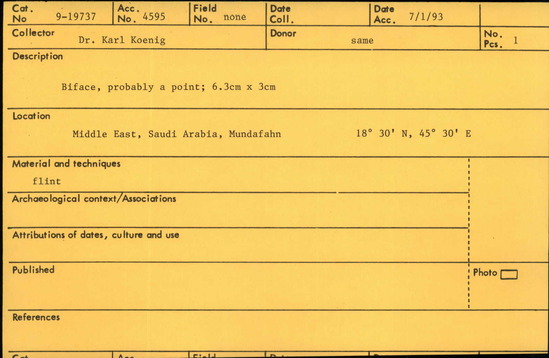 Documentation associated with Hearst Museum object titled Point, accession number 9-19737, described as Biface, probably a point; 6.3cm x 3cm