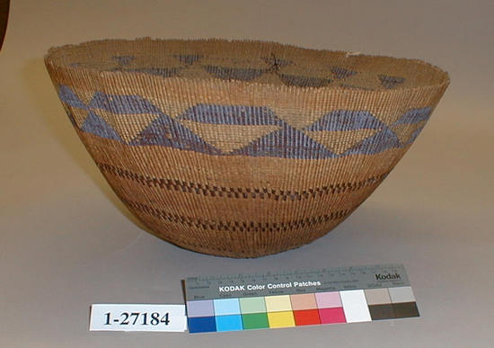 Hearst Museum object 1 of 2 titled Basket, accession number 1-27184, described as Twined.  1 wide triangular, 3 narrow bands of brown.