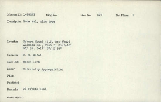 Documentation associated with Hearst Museum object titled Awl, accession number 1-29272, described as Bone; of coyote ulna.