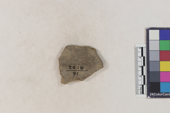 Hearst Museum object 121 of 183 titled Potsherd, accession number 16-8192, described as Potsherd: bodys Section of Manta on beach currently inhabited. Numbers  8111 to 8194 are sherds picked up on beach at low tide.