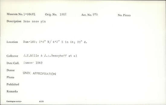 Documentation associated with Hearst Museum object titled Nose pin, accession number 1-98481, described as Bone