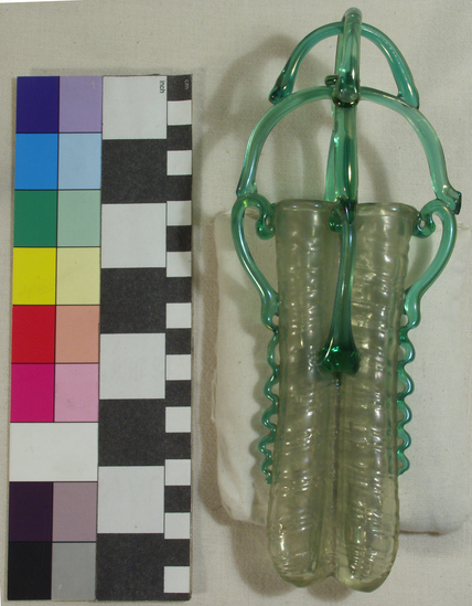 Hearst Museum object 2 of 3 titled Twin flask and hanger, accession number 8-116, described as Twin flask and hanger (modern reproduction of Roman glass)