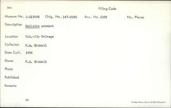 Documentation associated with Hearst Museum object titled Pendant, accession number 1-213508, described as Haliotis.